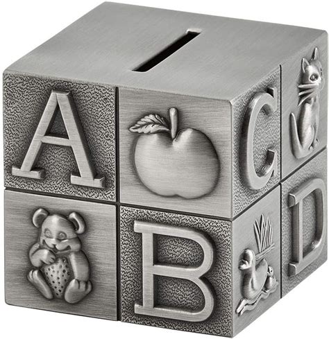 Pewter ABC Block Bank for Kids, Newborn Gift, Silver, 3”x3”x3”, 